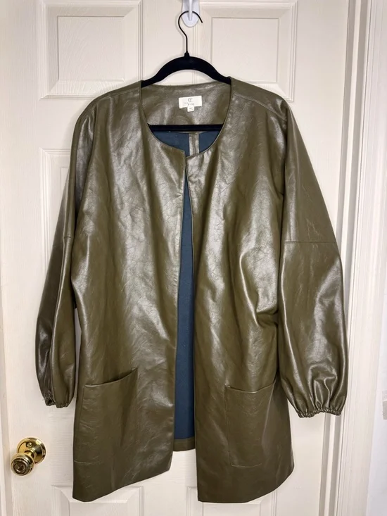 Olive Faux Leather Jacket Women M/L Open Front Lightweight Chic Rare by p. Cill - Picture 2 of 10